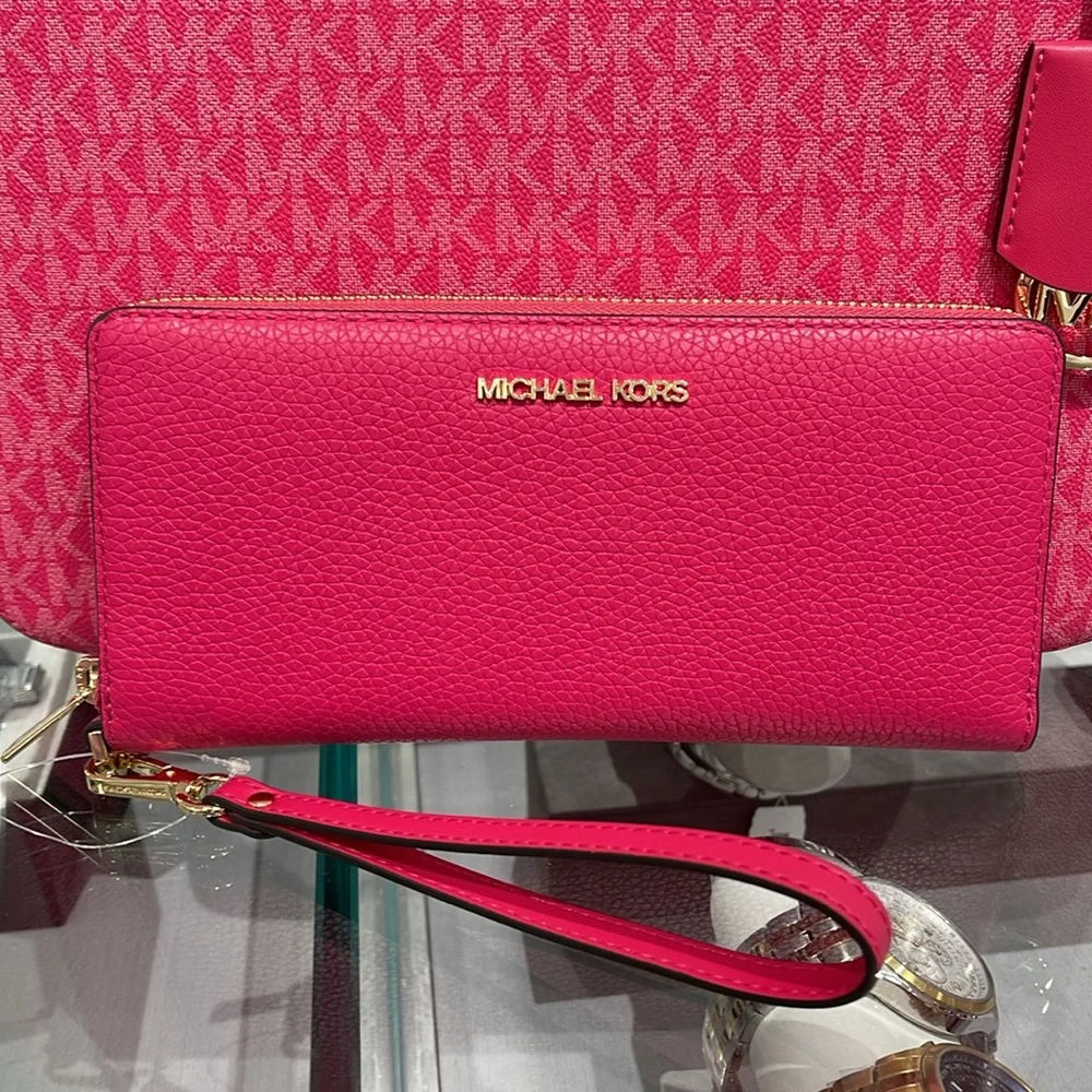 MICHAEL KORS Leather Continental Wristlet Phone Case Wallet Electric Pink NWT